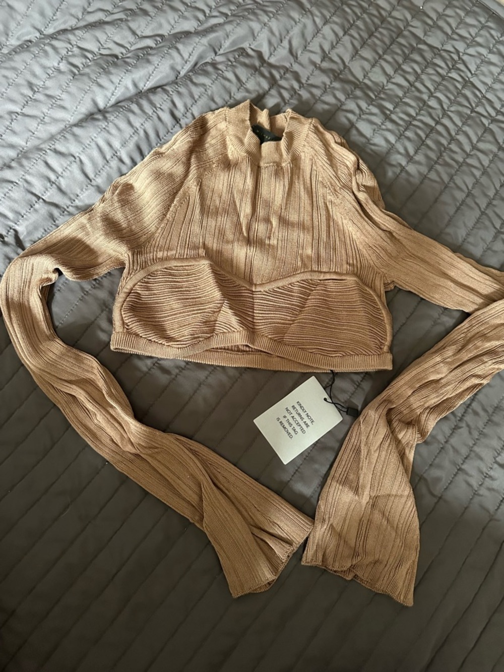 Michael Costello Beige Ribbed Long-Sleeve Crop Top